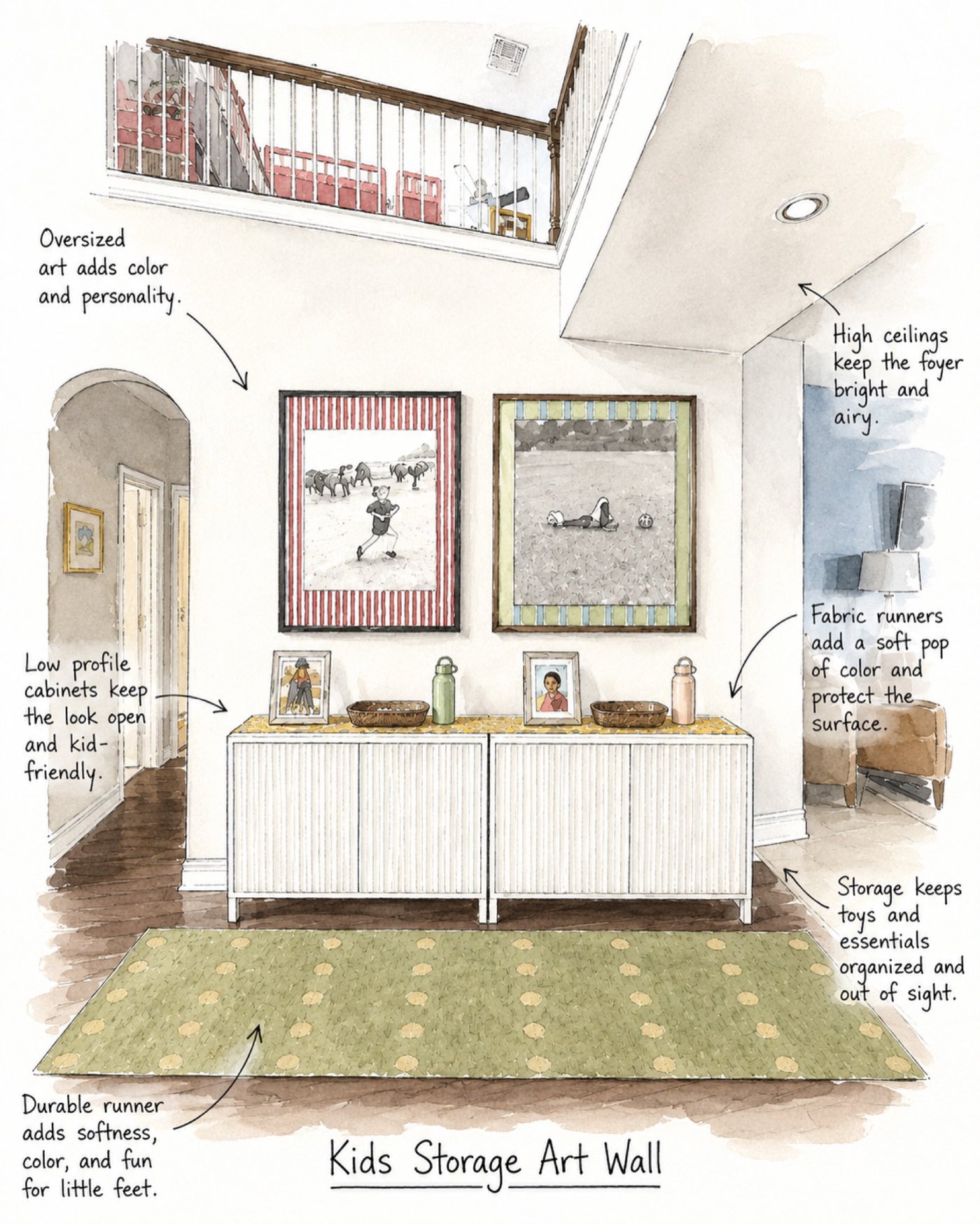 Concept sketch — the vision for the kids' storage wall